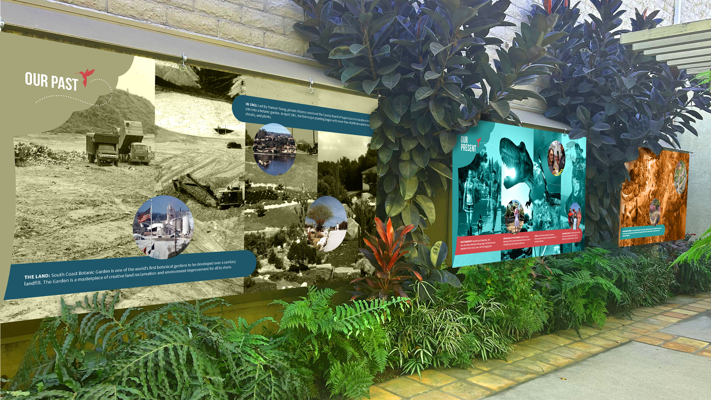Environmental graphic installation showing the completed timeline experience within the Garden’s lush landscape.