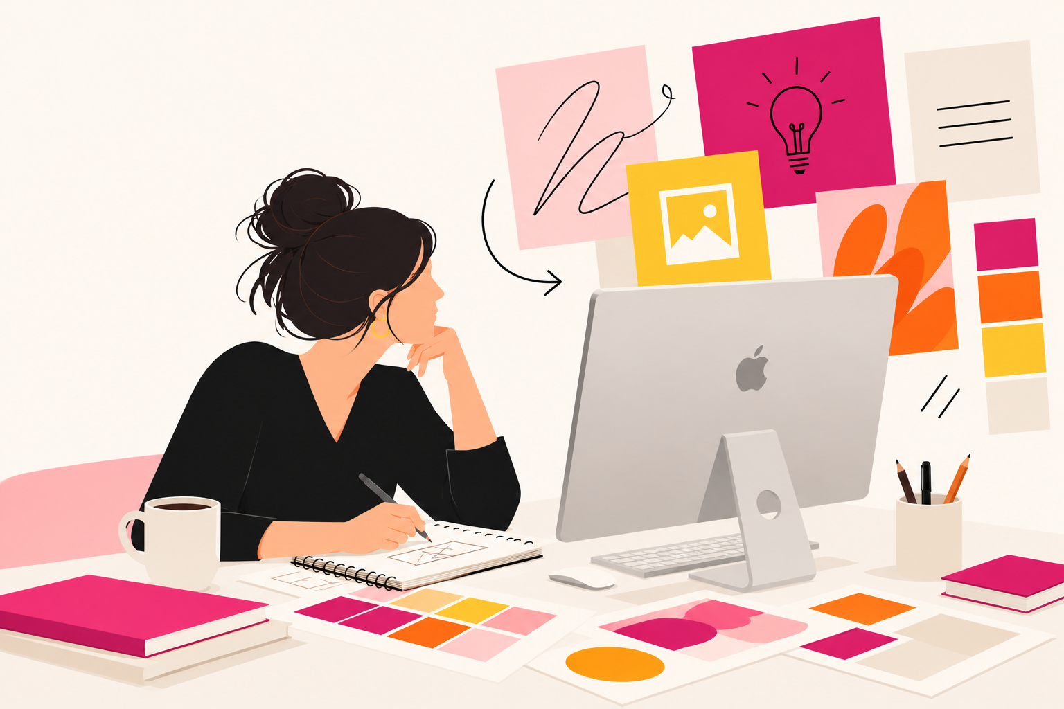 Editorial illustration of a graphic designer sketching at a desk beside a desktop computer, surrounded by overlapping design layouts, color swatches, communication symbols, and creative ideas in pink, orange, yellow, and cream.